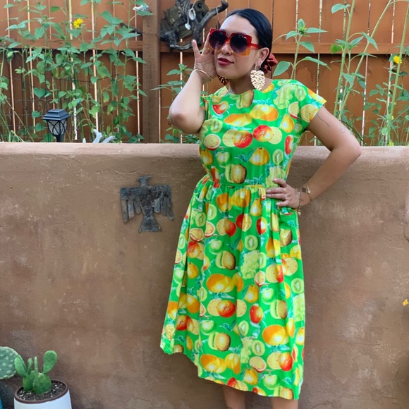 Vintage 1980s Tropical Fruit Green Dress Mod Farmers Market Chic M/L - Picture 9 of 9